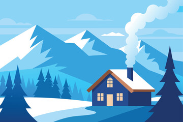 Winter mountain landscape with a cabin and smoking chimney amidst pine trees