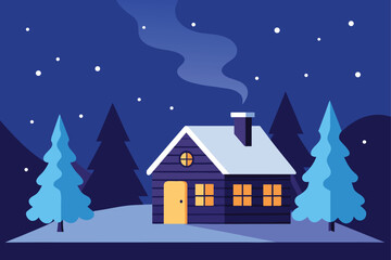 Fototapeta premium Cozy winter night with a house, glowing windows, and snow-covered trees