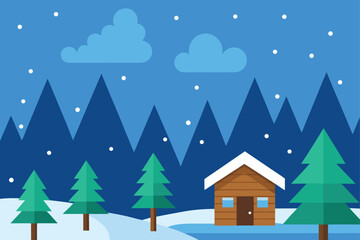 Wooden cabin surrounded by pine trees in snowy mountains under cloudy sky