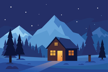 Warm lit cabin among pine trees in snowy mountains at night under stars