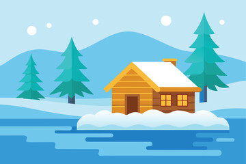 Rustic log cabin with snow on roof by frozen lake and pine trees