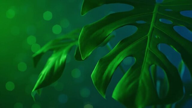 Vibrant green monstera leaves with bokeh background, tropical nature