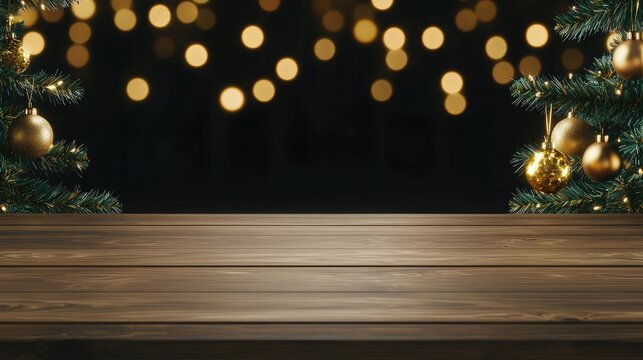 A wooden table is set in front of bright lights and lush plants, creating a warm, festive atmosphere perfect for gatherings