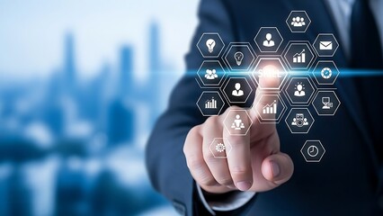 businessman finger touch screen 