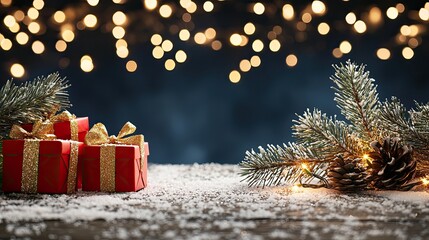 Red gifts are arranged with greenery and twinkling lights against a dark winter backdrop creating a warm holiday feel