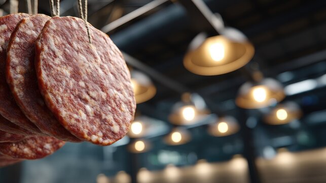 Close-up of hanging sausages and canned meat in a butcher's shop, highlighting fine details in a sausage-making factory background - Powered by Adobe