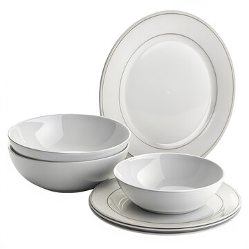Elegant white dinnerware set on black background for fine dining and table setting