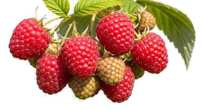 Fresh and ripe raspberries growing on branch with green leaves in summer garden