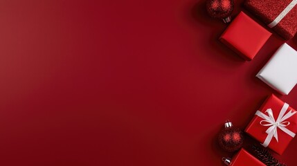 Colorful gifts, pine cones, and holiday decorations create a cheerful atmosphere for a festive celebration on a red backdrop