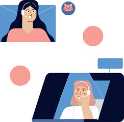 flat style illustration of two female call center operators communicating online,