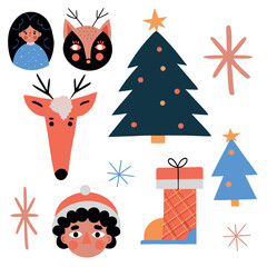 Colorful flat Christmas illustration set featuring a decorated Christmas tree, reindeer head, Santa kid, girl, fox mask, festive stocking and stylized snowflakes
