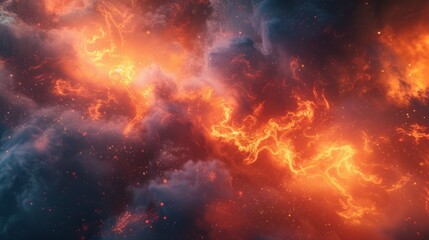 Naklejka premium Fiery cosmic nebula in outer space. Abstract background of a glowing orange and red galaxy with stars. Universe explosion and creation concept