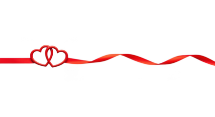 Intertwined red hearts with decorative red ribbon on transparent background
