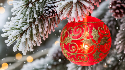 Bright red decoration with sparkling gold scrollwork hangs from snowy pine branch during light snowfall outdoors