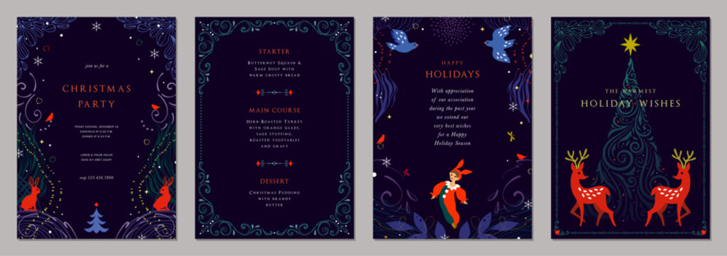 Elegant Christmas templates. Winter Holiday cards with ornate Christmas Tree, Elf, doves, stars, birds, snowflakes, reindeers, rabbits and decorative frames with copy space and greetings.