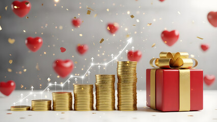 Rising stack of gold coins symbolizing financial growth with red gift box and heart decorations