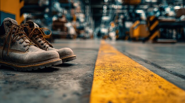 Close-Up of Construction Boots on Warehouse Floor with Yellow Safety Line