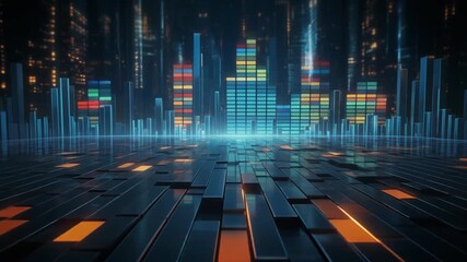 Dynamic audio equalizer bars move rhythmically, visualizing sound frequencies and beats. The scene evokes music, energy, technology, and modern audio equipment in a visually engaging digital style.