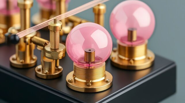A detailed apparatus featuring metallic components and pink globes, likely related to scientific or educational purposes.