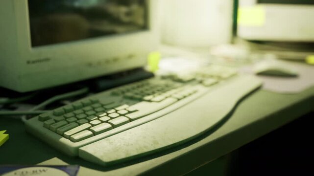 A worn computer keyboard and mouse rest on a cluttered work desk with sticky notes scattered around.
