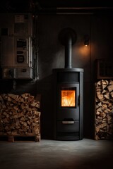 Cinematic Warm-Toned Pellet Heater and Firewood in Minimalist Mechanical Room