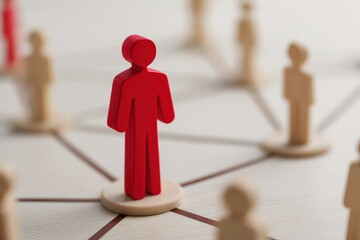 Red wooden figure standing out among neutral figures in network diagram