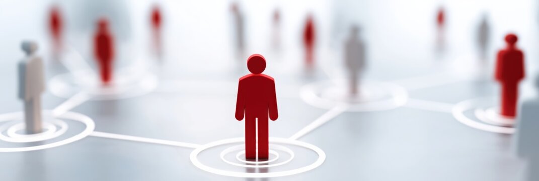 Network of red figures on digital grid representing social connection