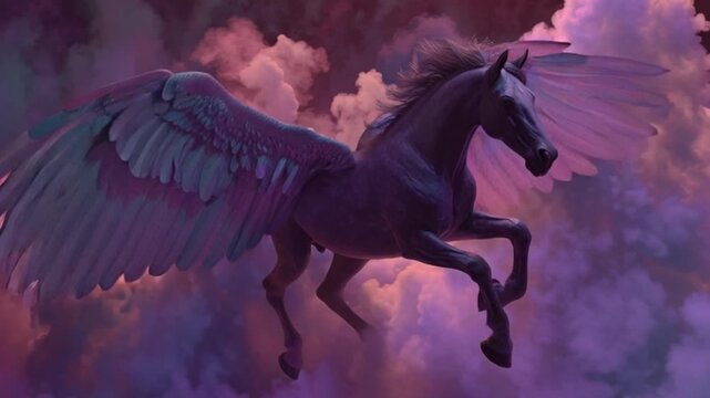 Cinematic High-Detail Digital Art of a Winged Horse Floating in Neon Smoke, Showcasing a Majestic Pegasus with Glowing Wings, Vibrant Colors, and a Surreal, Magical, Otherworldly Fantasy Atmosphere