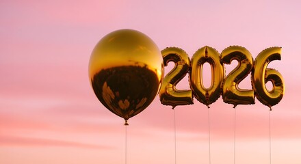 Golden 2026 balloons soar against a vibrant sunrise sky, celebrating the New Year with optimism and joy for a bright future