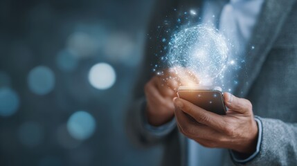 Businessman Holding Smartphone with Digital Hologram, Innovation and Connectivity Theme