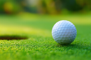 Obraz premium Close-up view of golf ball resting near hole on vivid green grass in bright sunlight, symbolizing precision, sport focus, leisure activity and peaceful outdoor recreation atmosphere.