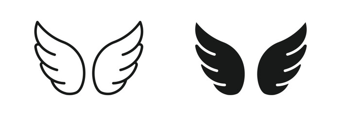Angel wings icon set in outline and silhouette style, representing freedom, spirituality, flight, and guardian symbolism, vector illustration.