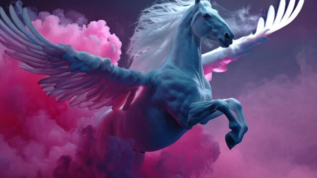 Cinematic High-Detail Digital Art of a Winged Horse Floating in Neon Smoke, Showcasing a Majestic Pegasus with Glowing Wings, Vibrant Colors, and a Surreal, Magical, Otherworldly Fantasy Atmosphere