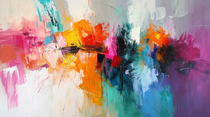 Fototapeta premium Abstract art background with colorful acrylic paint splashes. Vibrant orange, pink and blue brushstrokes texture. Modern oil painting style