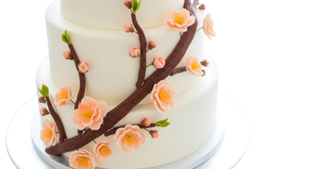 Three tier white cake with peach blossom decorations isolated on a transparent background