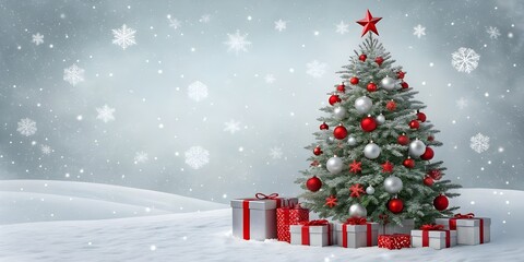 Festive Christmas Tree with Red and White Decorations & Gifts on White Background