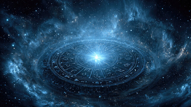 Zodiac wheel spinning on starry night sky, mystical astrology concept with horoscope and star signs, cosmic background, copy space - Powered by Adobe