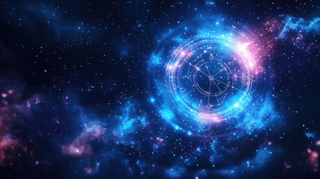 Zodiac wheel spinning on starry night sky, mystical astrology concept with horoscope and star signs, cosmic background, copy space