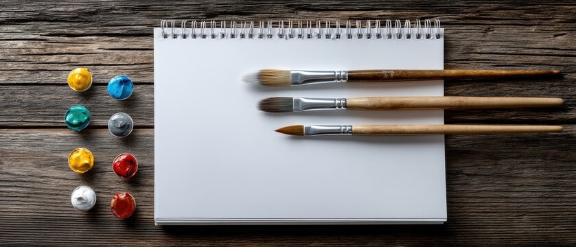 Creative workspace with blank sketchbook, colorful watercolors, and paintbrushes on a dark wooden table