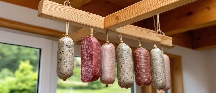 Hanging salami and sausages in a traditional Italian charcuterie shop showcasing vibrant colors and artisanal craftsmanship - Powered by Adobe