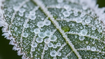 Close up of frost covered leaf in winter season