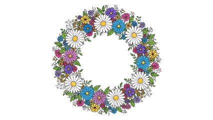 High-quality colorful black outline art of a circular wreath border made of daisies and small wildflowers, elegant botanical line design 