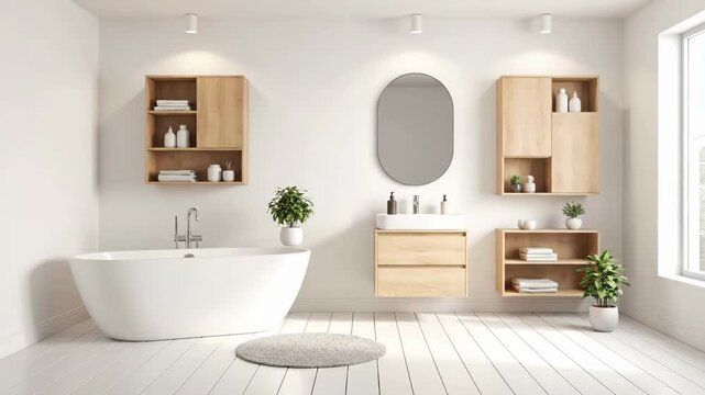 Wooden bathroom furniture displayed in bright setting. Functional storage solutions featured on clean white floor. Concept of home decor, interior design, minimalism