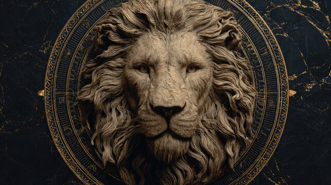 Golden lion head inside decorative circle representing zodiac sign Leo, elegant astrological symbol design with copy space