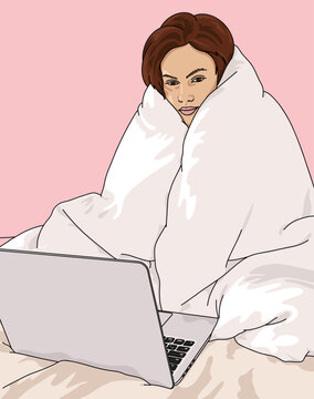 Charming Young Brunette Woman Tired Wrapped in a Cozy Duvet Sitting in Bed Using a Laptop Computer Isolated on Pink Background