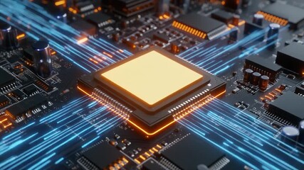 A futuristic advanced microprocessor glows with intricate circuits and luminous connections, symbolizing high-tech computing, innovation, and the power of modern digital technology. - Powered by Adobe