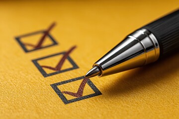 Completing a checklist with a pen on yellow paper, three items have already been checked