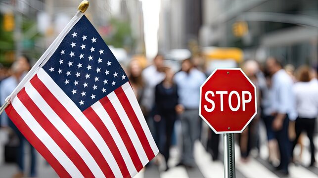 American flag stands in foreground as blurred figures cross a border with a stop sign urging caution in a busy urban environment