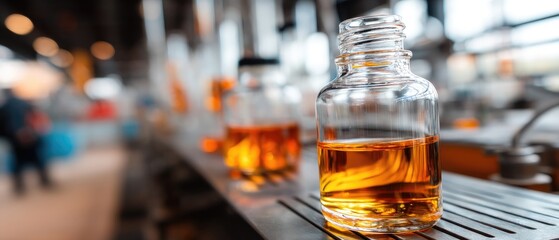 Laboratory scene featuring glassware and amber bottles with a black liquid on an iron scale in a high-end photography style