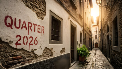 Quarter 2026 text stenciled in red on a crumbling white wall in a narrow cobblestone alleyway during golden hour